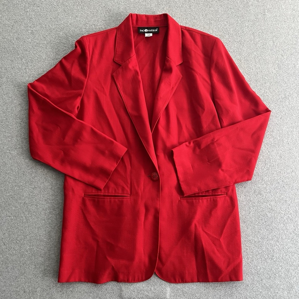 Sag Harbor VTG Ladies RED Career Blazer 12 Lined Shoulder Pads Pockets